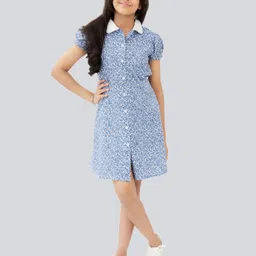 Olele Floral Printed Shirt Collar Puff Sleeves Cotton Shirt Dress-picture-10