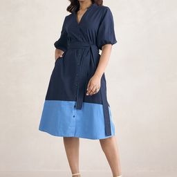 Femella Mandarin Collar Colourblocked Cotton A-Line Dress-image-88