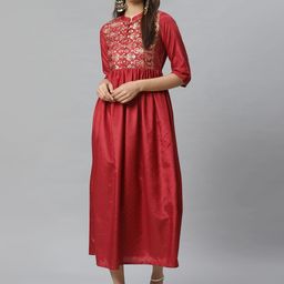 AURELIA Women Maroon & Golden Embellished A-Line Dress-image-49