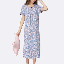 Van Heusen Women Allover Print Round Neck Pleated Front Lounge Night Gown-image-65