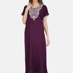 KOI SLEEPWEAR Woman Maroon & White Embroidered Cotton Maxi Nightdress-11