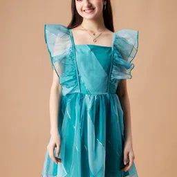 Cherry & Jerry Girls Striped Flutter Sleeves Ruffled Organza Fit & Flare Dress-picture-6