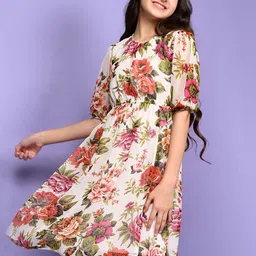 LilPicks Cream-Coloured & Orange Floral Georgette Dress-28