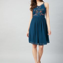 Athena Teal Blue Floral Embroidered Shoulder Straps Georgette Fit and Flare Dress-picture-0