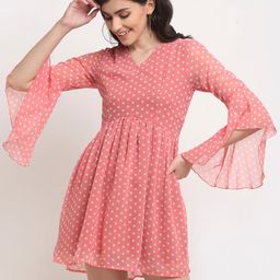 La Zoire Peach-Coloured & White Polka Dots Printed Bell Sleeves Fit & Flare Dress-picture-22