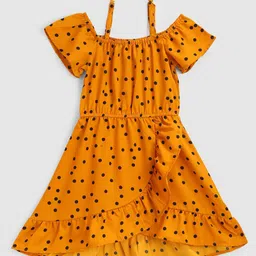 YK Girls Mustard Yellow Cold-Shoulder Wrap Around Crepe Polka Dress-picture-8