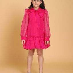 PICCOLO Pink Tie-Up Neck Satin A-Line Dress-image-87