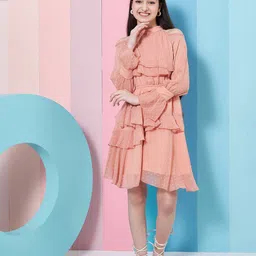 pspeaches Girls Self Design Halter Neck Bell Sleeves Cut Out Layered Ruffled A-Line Dress-picture-20