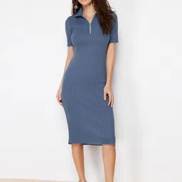 Trendyol Striped Shirt Collar Bodycon Midi Dress-image-36