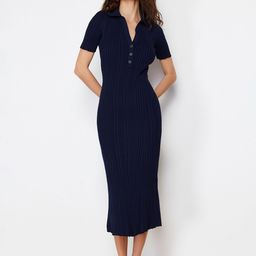 Trendyol Self Design Shirt Collar Acrylic Midi Sheath Dress-image-22