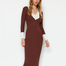 Trendyol Colourblocked Shirt Collar Acrylic Sheath Midi Dress-image-88
