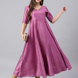 DECKEDUP Ethnic Motifs Embroidered Sequinned Silk A Line Maxi Dress-16
