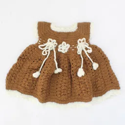 Woonie Kids-Girls Brown Pure Wool Half Sleeves Floral Detailing Handmade Dress-picture-20