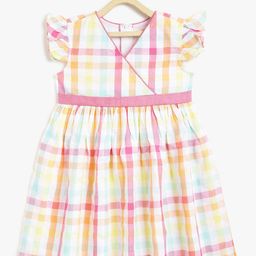 Campana Girls Checked Cotton V-Neck Flutter Sleeve Wrap Casual Dress-picture-15