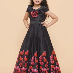 Bitiya by Bhama Girls Black & Red Floral Print Fit & Flared Maxi Dress-image-64