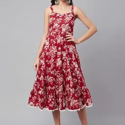 Divena Women Red & White Floral Cotton Midi Dress-46