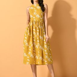 Sangria Yellow & White Floral Printed Sleeveless Pure Cotton Fit & Flare Midi Dress-image-22