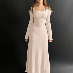 StyleCast Cream-Coloured Square Neck Long Sleeves A-Line Maxi Dress-picture-21