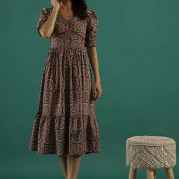 SANSKRUTIHOMES Ethnic Motifs Printed Gathered Tiered Cotton Fit & Flare Midi Ethnic Dress-image-71