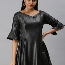 SHOWOFF Women Black Scuba Fit & Flared Mini Dress-image-9