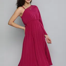 Kvsfab Women Magenta One Shoulder Crepe A-Line Midi Dress-picture-51