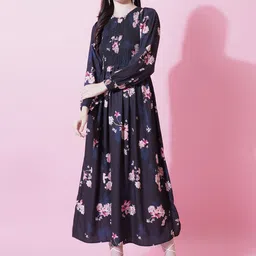 IX IMPRESSION Floral Printed Cuffed Sleeves Smocked A-Line Midi Dress-image-95