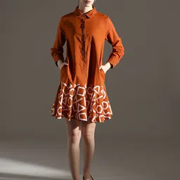 Dora Dori Rust Geometric Printed Cuffed Sleeves Thread Work Pure Cotton Shirt Dress-picture-47