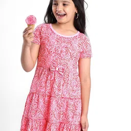 Hola Bonita Girls Abstract Printed Tiered Pure Cotton Fit and Flare Dress-image-43