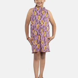 KiddoPanti Girls Floral Printed High Neck A-Line Dress-picture-10
