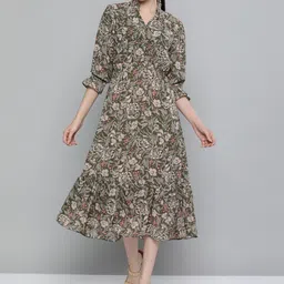 Kvsfab Women Olive Green & Beige Floral Georgette A-Line Midi Dress-picture-31
