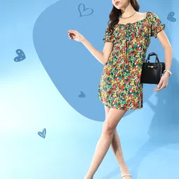 Berrylush Women Red Allover Floral Print Ruched Bust Detail Dress-image-86