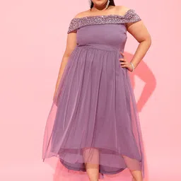 CURVY STREET Lavender Plus Size Off-Shoulder Net Dress-image-72