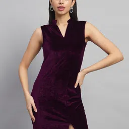 VAARARO Mandarin Collar Velvet Sheath Dress-image-79
