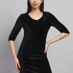 VAARARO V-Neck Ruffles Detail Velvet Sheath Dress-image-77
