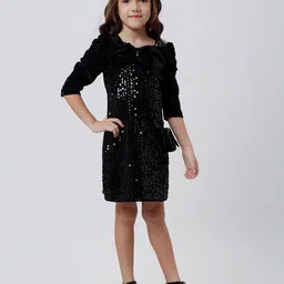 Peppermint Girls Embellished Puff Sleeves Bows Detailed Sequined Velvet Sheath Dress-image-26