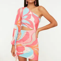 Trendyol One Shoulder Abstract Printed Sheath Mini Party Dress-6