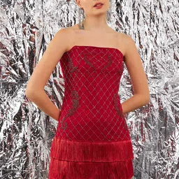 STREET 9 Red Embellished Fringed Strapless Net Sheath Dress-image-32