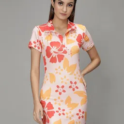 smisingbee Floral Print Shirt Collar Sheath Dress-picture-32