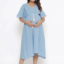 Ikk Kudi by Seerat Blue Printed Maternity & Nursing Cotton Midi Kaftan Dress-picture-41