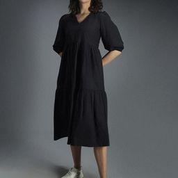 High Star V-Neck Puff Sleeve Gathered Tiered Cotton A-Line Midi Dress-image-23