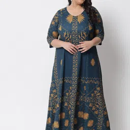 Amydus Plus Size Teal Blue & Mustard Yellow Ethnic Motifs Ethnic A-Line Dress-image-8
