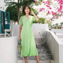 MANGO Green & White Printed Midi Dress-12