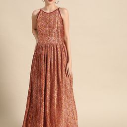 DODO & MOA Women Cream-Coloured & Maroon Ethnic Motifs Satin Maxi Dress-image-40