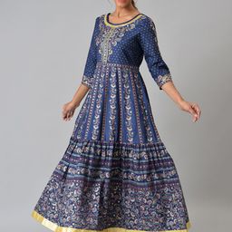AURELIA Navy Blue Ethnic Motifs Ethnic Maxi Dress-image-59