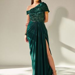 ONE KNOT ONE Off-Shoulder Cut-Out Satin Maxi Gown Dress-image-67