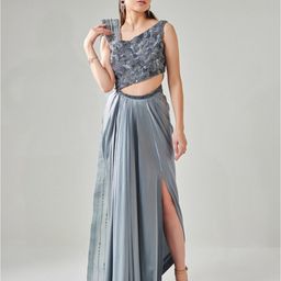ONE KNOT ONE One Shoulder Embellished Satin Maxi Saree Gown-image-65