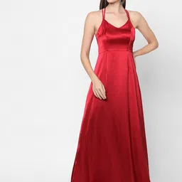MISH Red Halter Neck Satin Maxi Dress-image-13