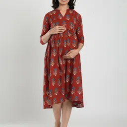 CRAFIQA Floral Printed Fit & Flare Pure Cotton Maternity Midi Dress-image-99