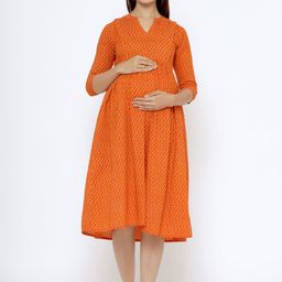 CRAFIQA Ethnic Motifs Fit & Flare Pure Cotton Maternity Midi Dress-image-71
