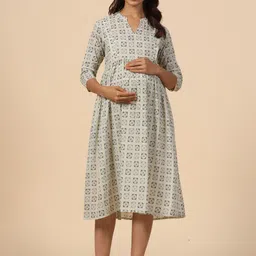 CRAFIQA Floral Print Mandarin Collar Fit & Flare Maternity Midi Dress-image-91
